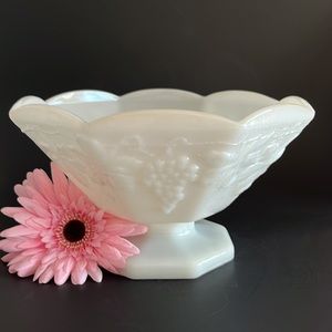 Vintage Anchor Hocking Octagon Footed White Milk Glass Bowl  Harvest Pattern